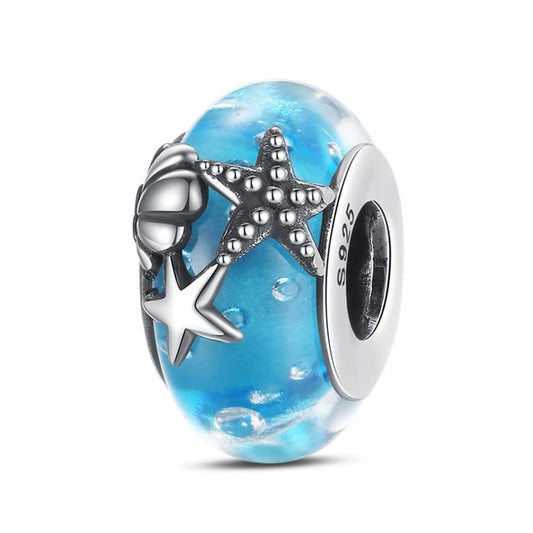 Ocean Starfish  Blue Glass Charm for Bracelet, S925 Sterling Silver