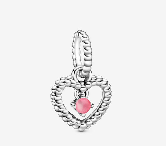 October Birthstone Heart Month Dangle Silver Charm for Bracelet, S925 Sterling Silver