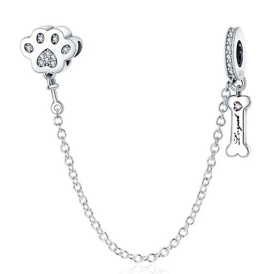 Paw Prints and Dog Bone Safety Chain Charm for Bracelet, S925 Sterling Silver