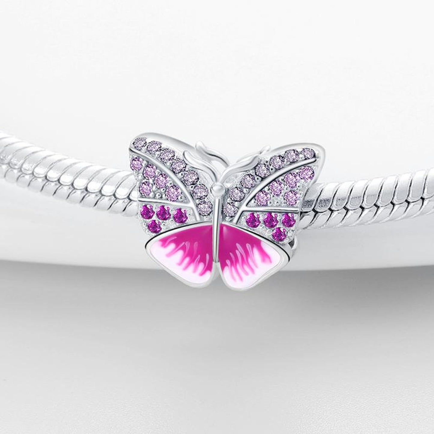 Pink Butterfly Bead Charm for Bracelet, S925 Sterling Silver