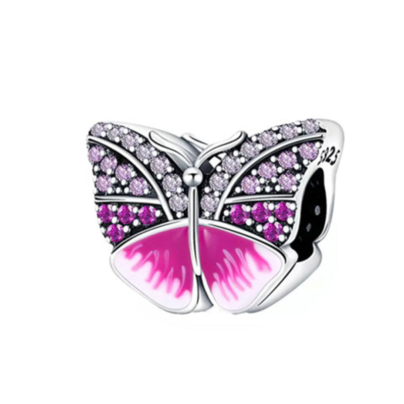 Pink Butterfly Bead Charm for Bracelet, S925 Sterling Silver