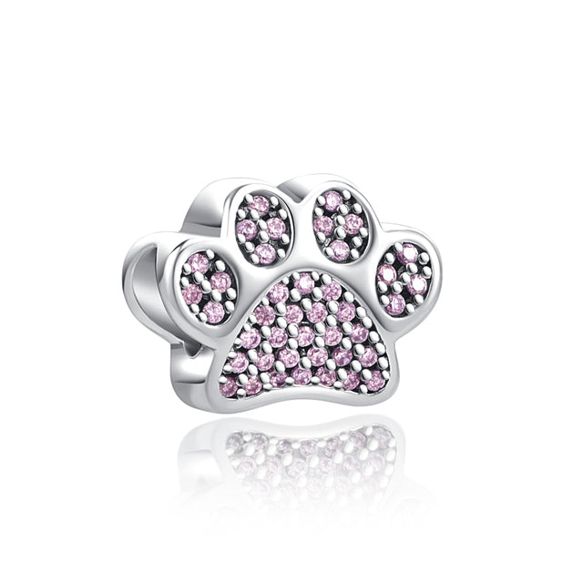 Pink CZ Dog Paw Print Charm for Bracelet, S925 Sterling Silver