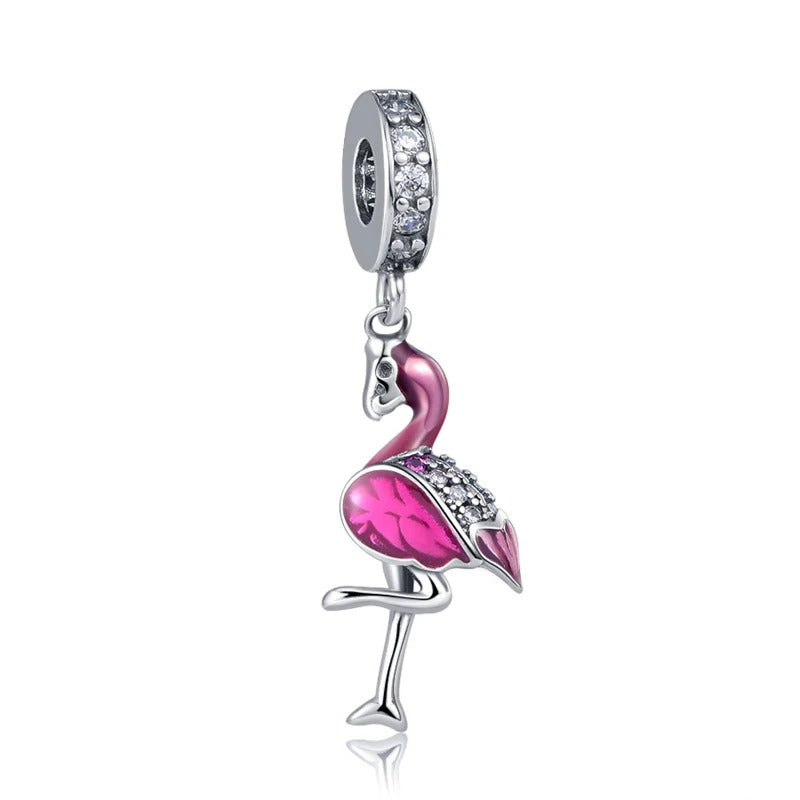 Pink Flamingo Dangle Charm for Bracelet, S925 Sterling Silver