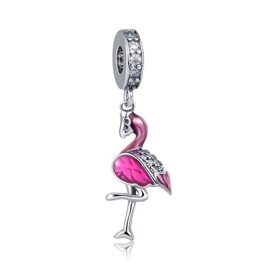 Pink Flamingo Dangle Charm for Bracelet, S925 Sterling Silver