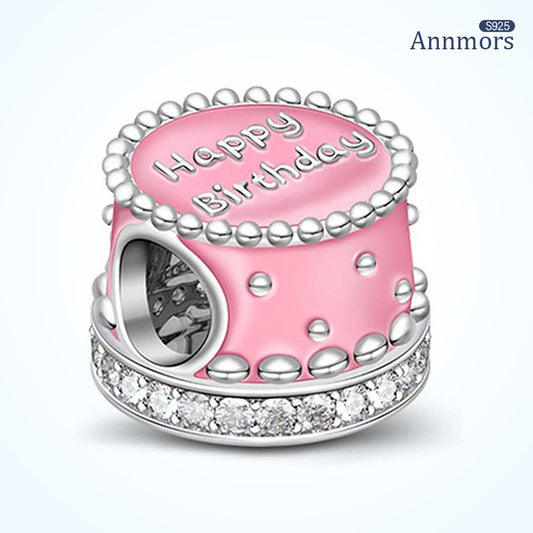 Pink Happy Birthday Cake Charm For Bracelet, S925 Sterling Silver