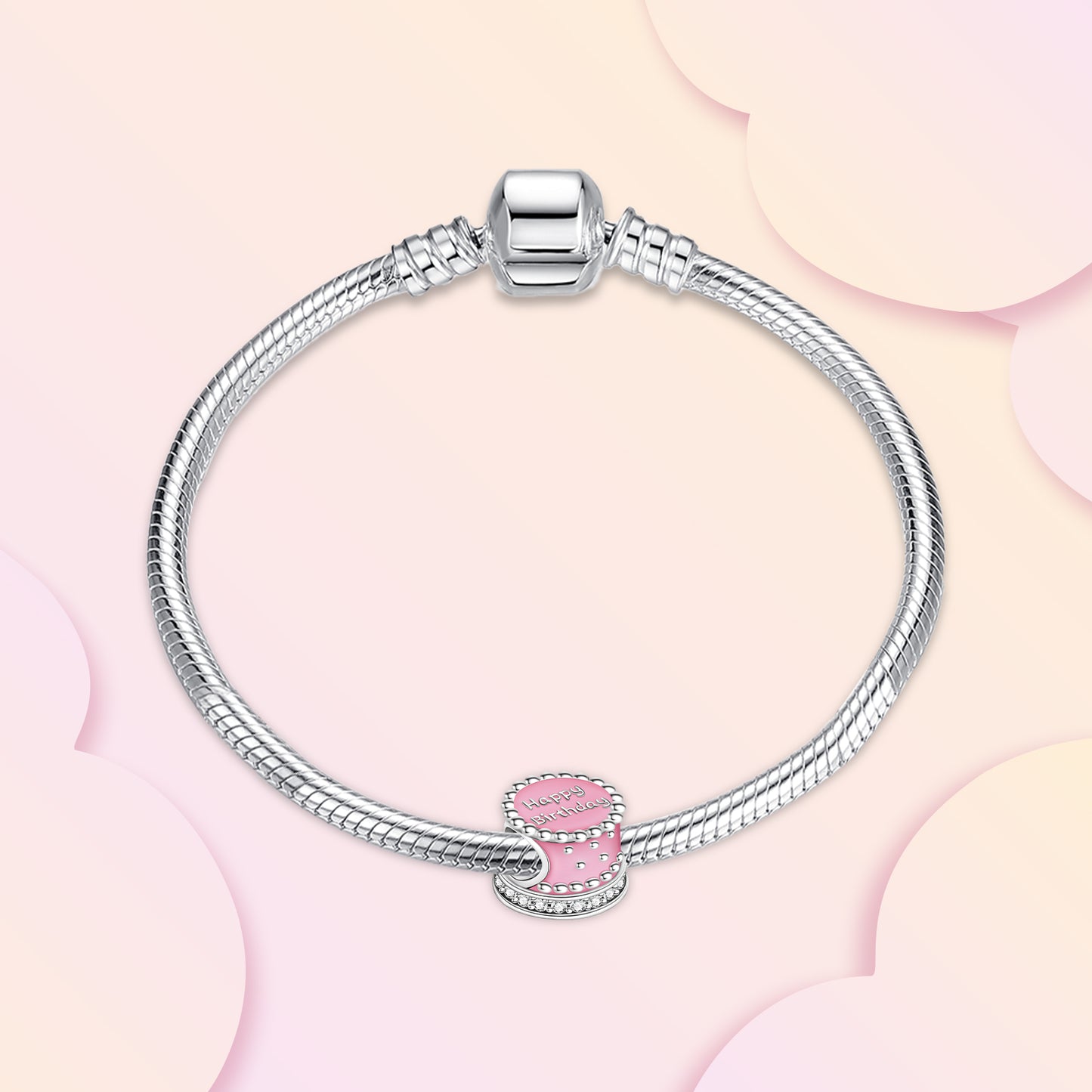 Pink Happy Birthday Cake Charm For Bracelet, S925 Sterling Silver