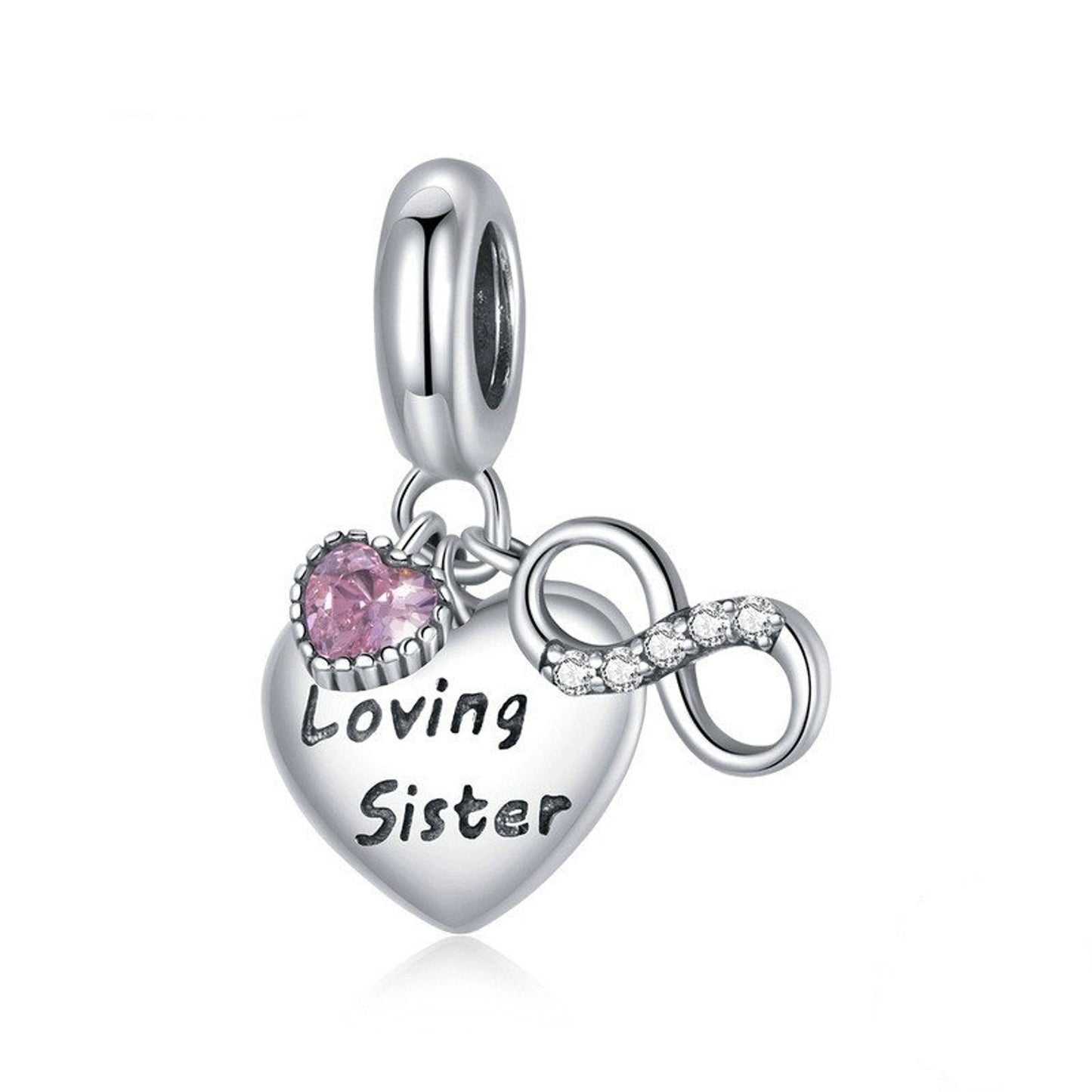 Pink Heart Infinite Loving Sister Family Pendant Charm for Bracelet, S925 Sterling Silver