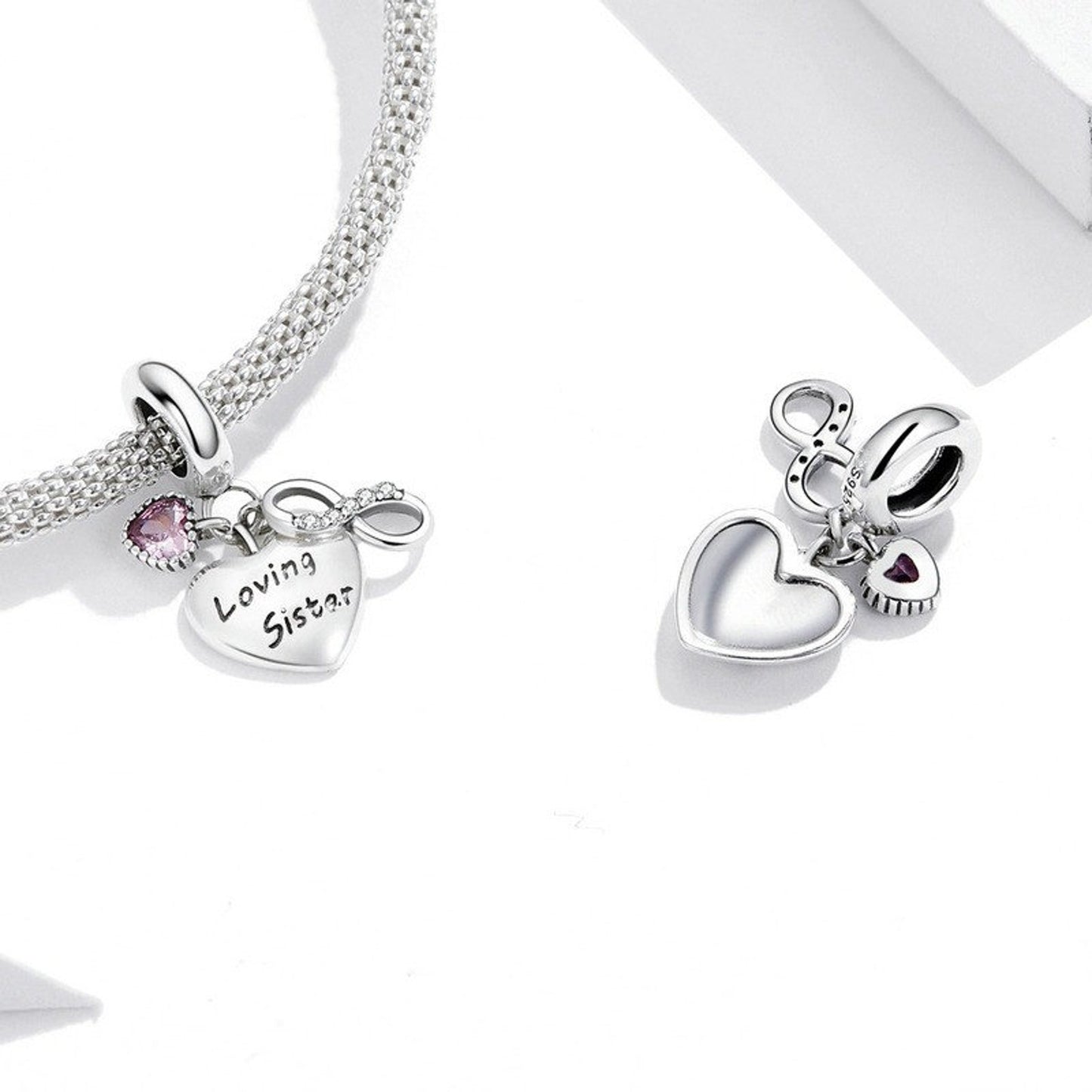 Pink Heart Infinite Loving Sister Family Pendant Charm for Bracelet, S925 Sterling Silver