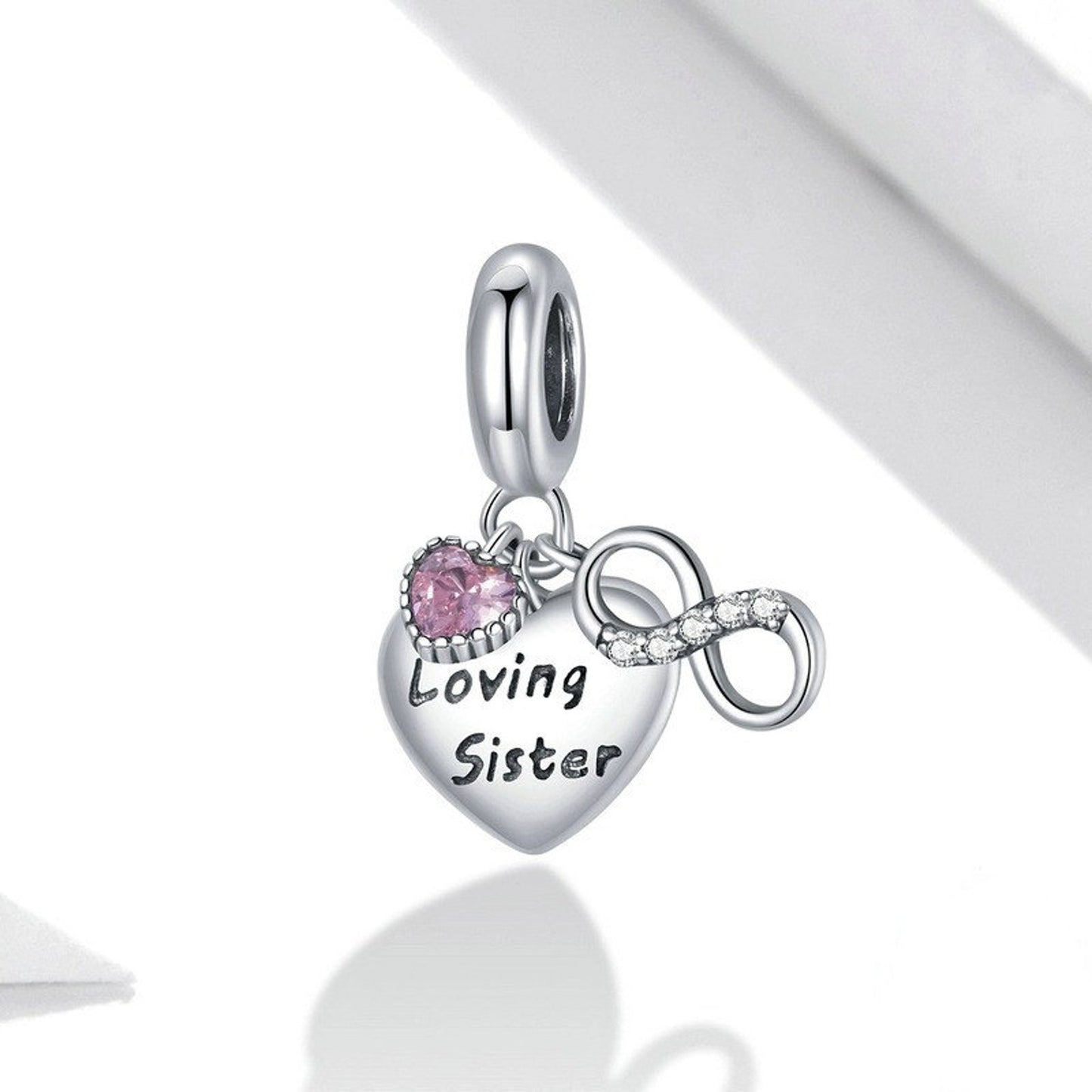 Pink Heart Infinite Loving Sister Family Pendant Charm for Bracelet, S925 Sterling Silver