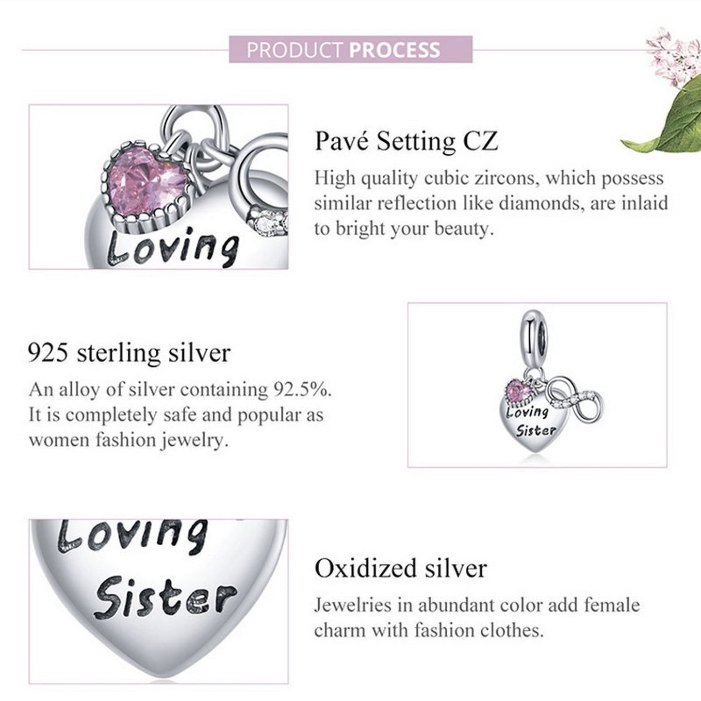 Pink Heart Infinite Loving Sister Family Pendant Charm for Bracelet, S925 Sterling Silver