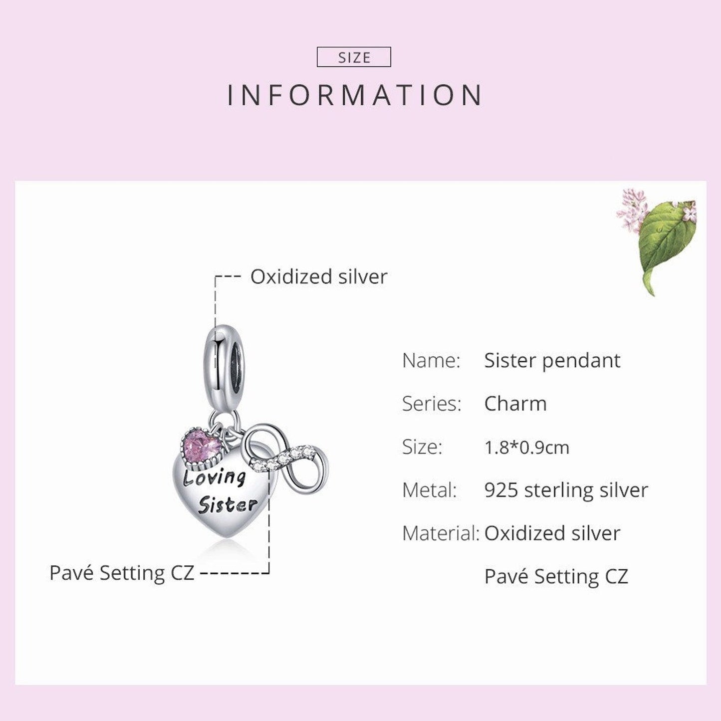 Pink Heart Infinite Loving Sister Family Pendant Charm for Bracelet, S925 Sterling Silver