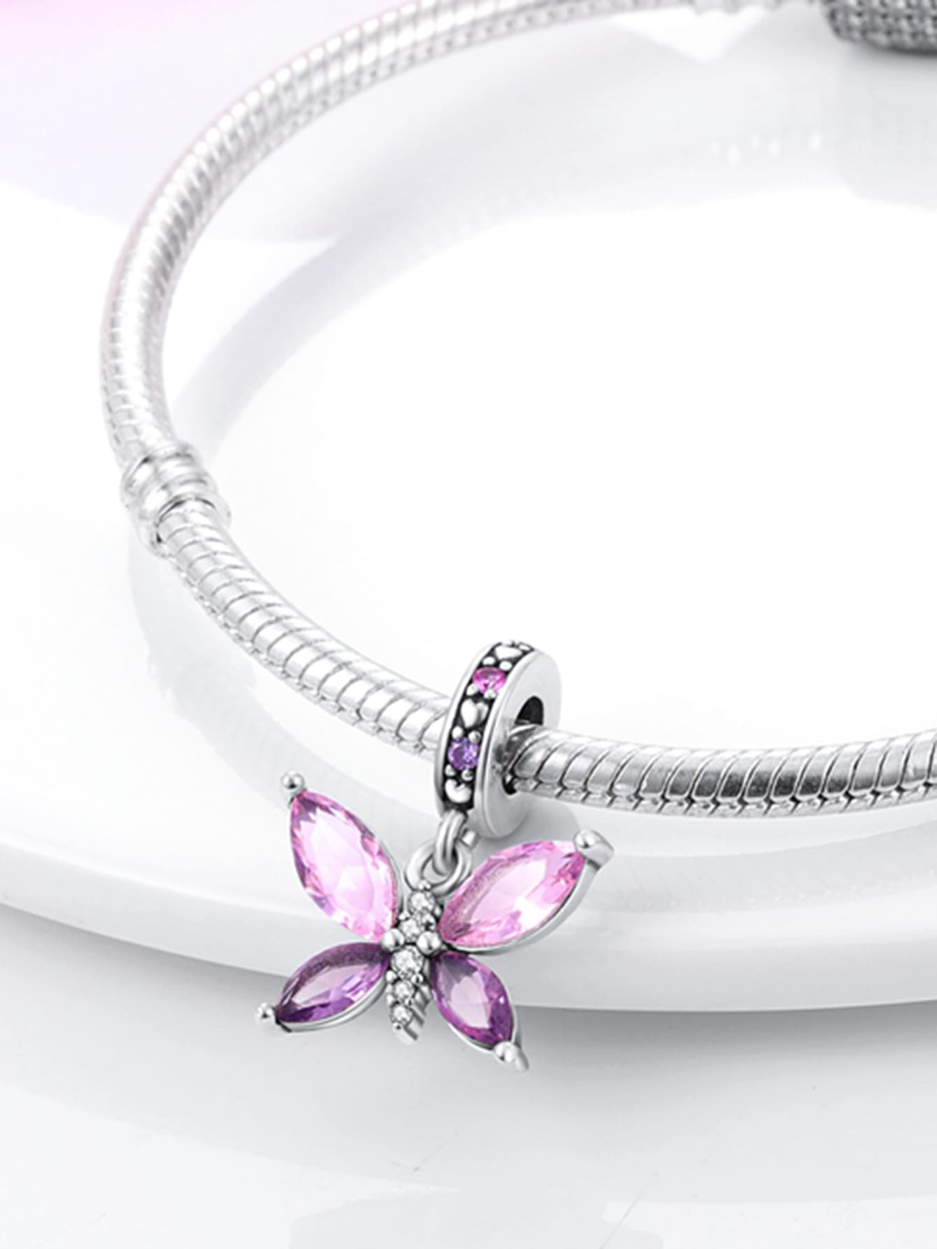 Pink Purple CZ Dangle Crystal Butterfly Charm for Bracelet, S925 Sterling Silver