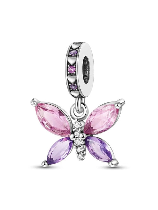 Pink Purple CZ Dangle Crystal Butterfly Charm for Bracelet, S925 Sterling Silver