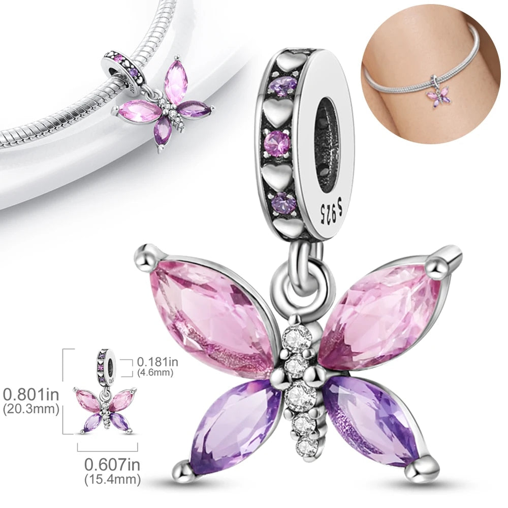 Pink Purple CZ Dangle Crystal Butterfly Charm for Bracelet, S925 Sterling Silver