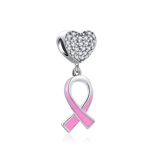 Pink Ribbon Awareness Charm for Bracelet, S925 Sterling Silver