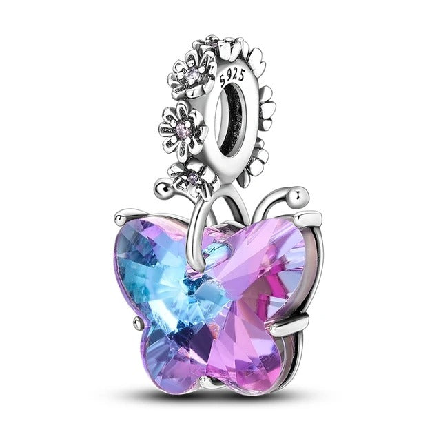 Purple Murano Glass Butterfly Pendant Charm for Bracelet, S925 Sterling Silver