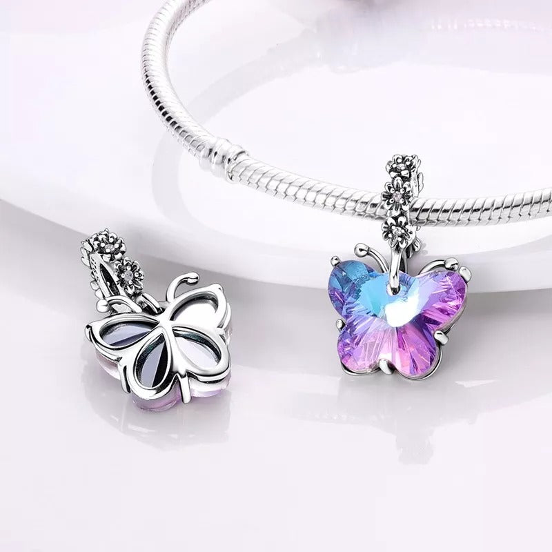 Purple Murano Glass Butterfly Pendant Charm for Bracelet, S925 Sterling Silver