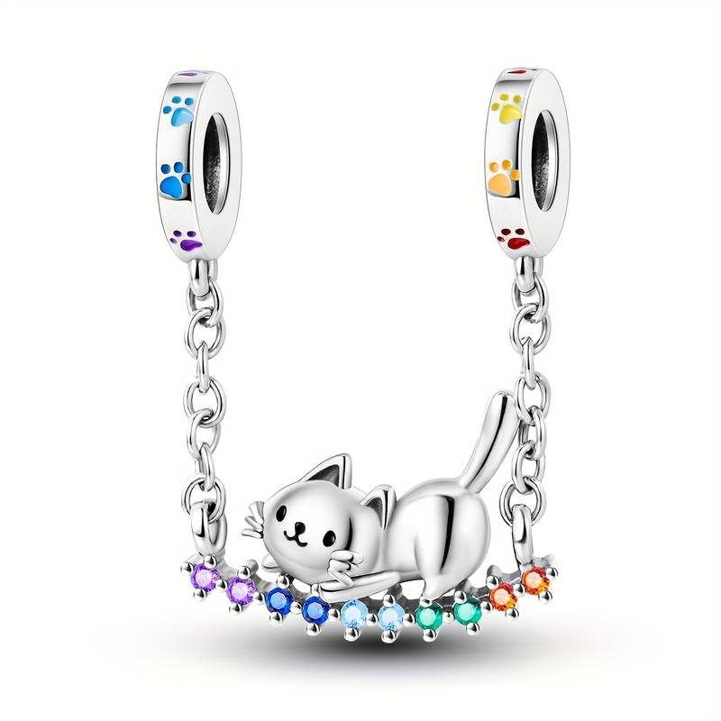 Rainbow Cat Safety Chain Charm for Bracelet, S925 Sterling Silver