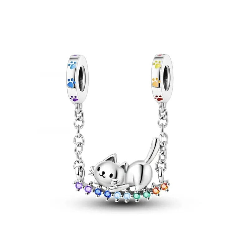 Rainbow Cat Safety Chain Charm for Bracelet, S925 Sterling Silver