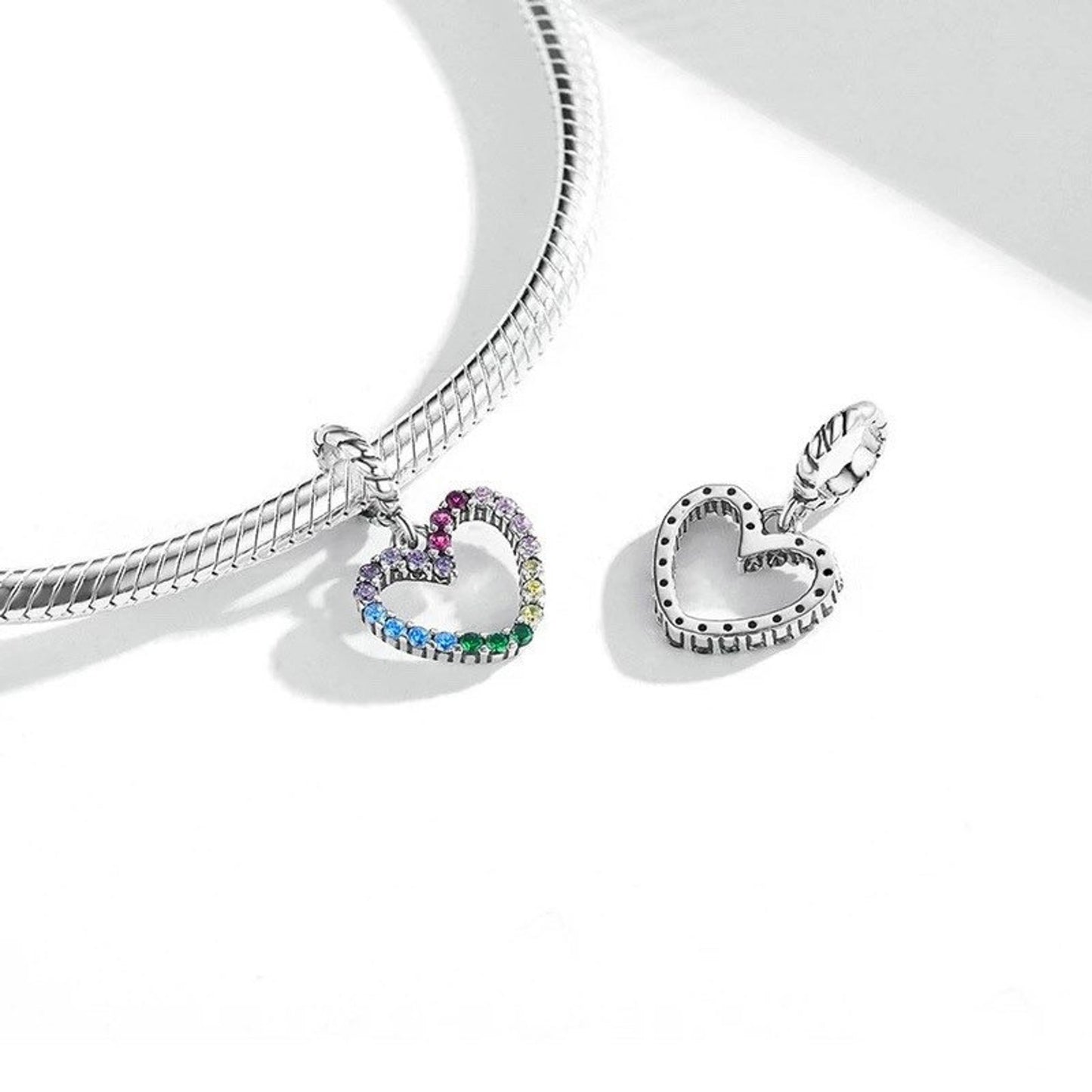 Rainbow Heart Pendant Charm for Bracelet, S925 Sterling Silver