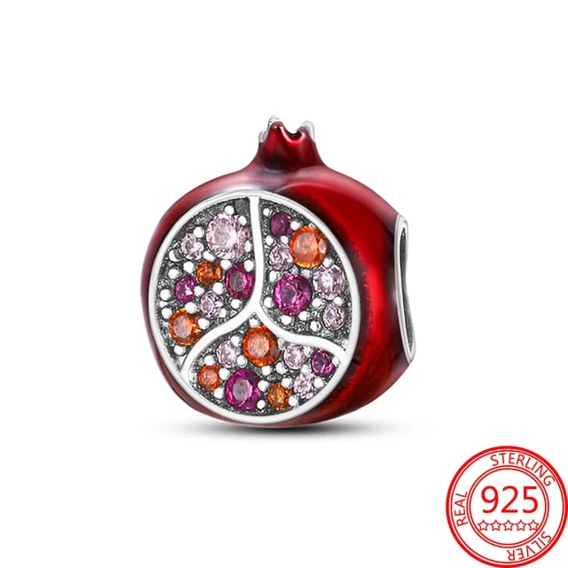 Red Pomegranate Charm for Bracelet, S925 Sterling Silver