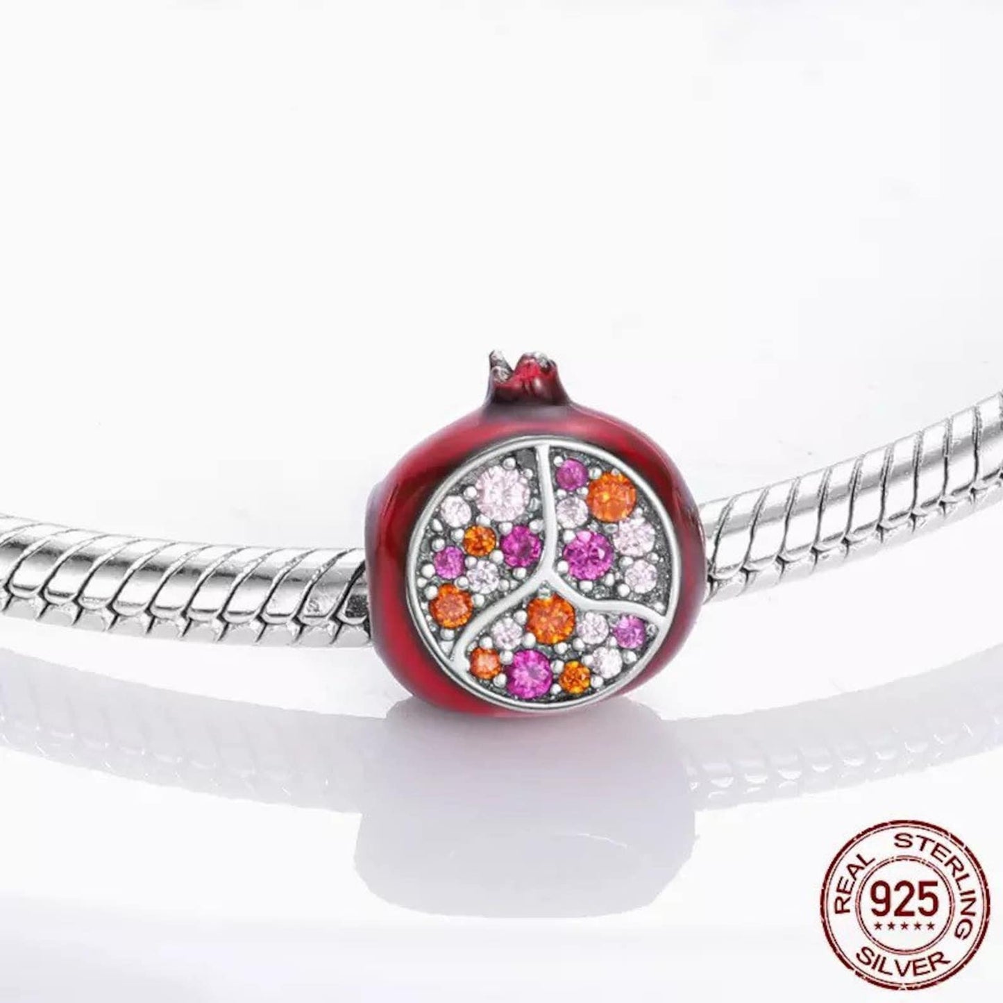 Red Pomegranate Charm for Bracelet, S925 Sterling Silver