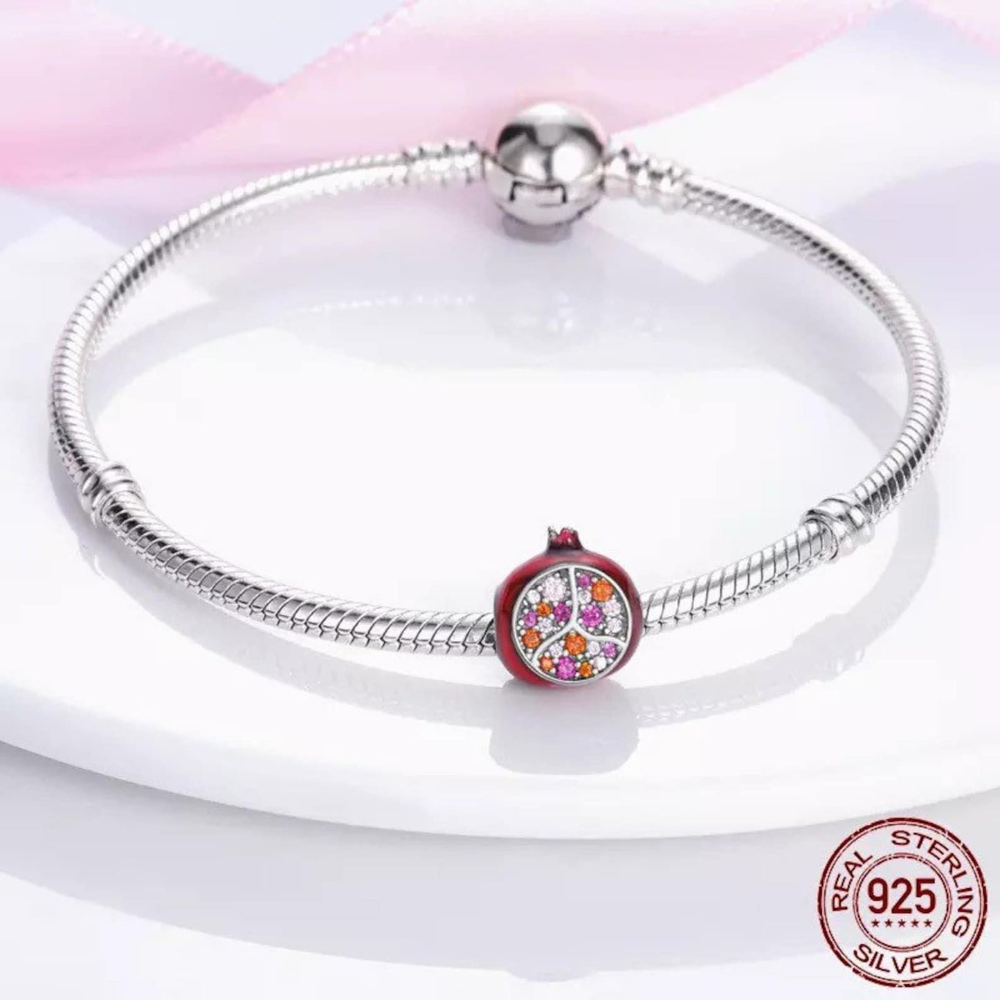 Red Pomegranate Charm for Bracelet, S925 Sterling Silver