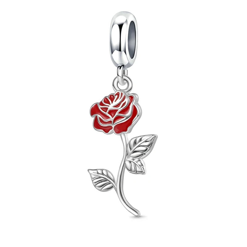 Red Rose Flower Dangle Charm for Bracelet, S925 Sterling Silver