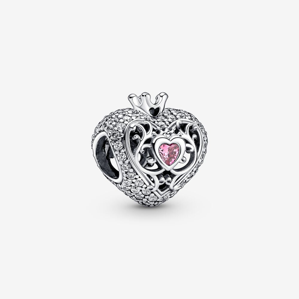 Regal Crown & Heart Charm for Bracelet, S925 Sterling Silver