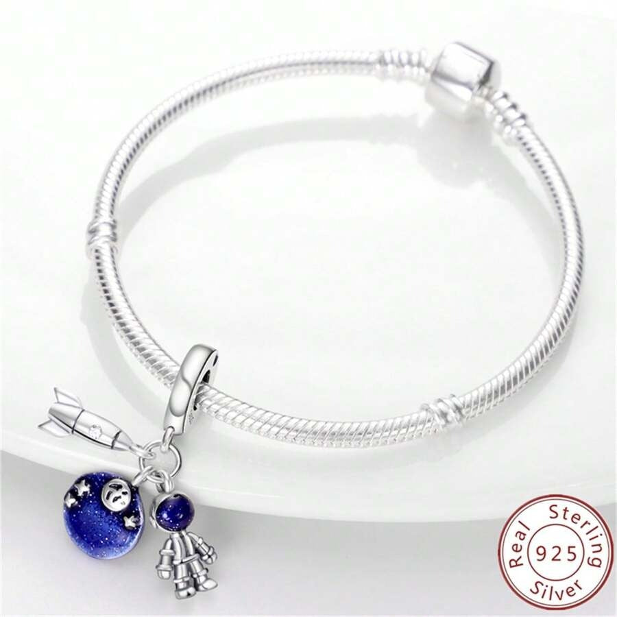 Rocket, Astronaut and Galaxy Blue Space Dangle Charm for Bracelet, S925 Sterling Silver