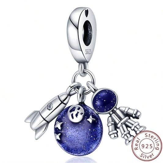 Rocket, Astronaut and Galaxy Blue Space Dangle Charm for Bracelet, S925 Sterling Silver