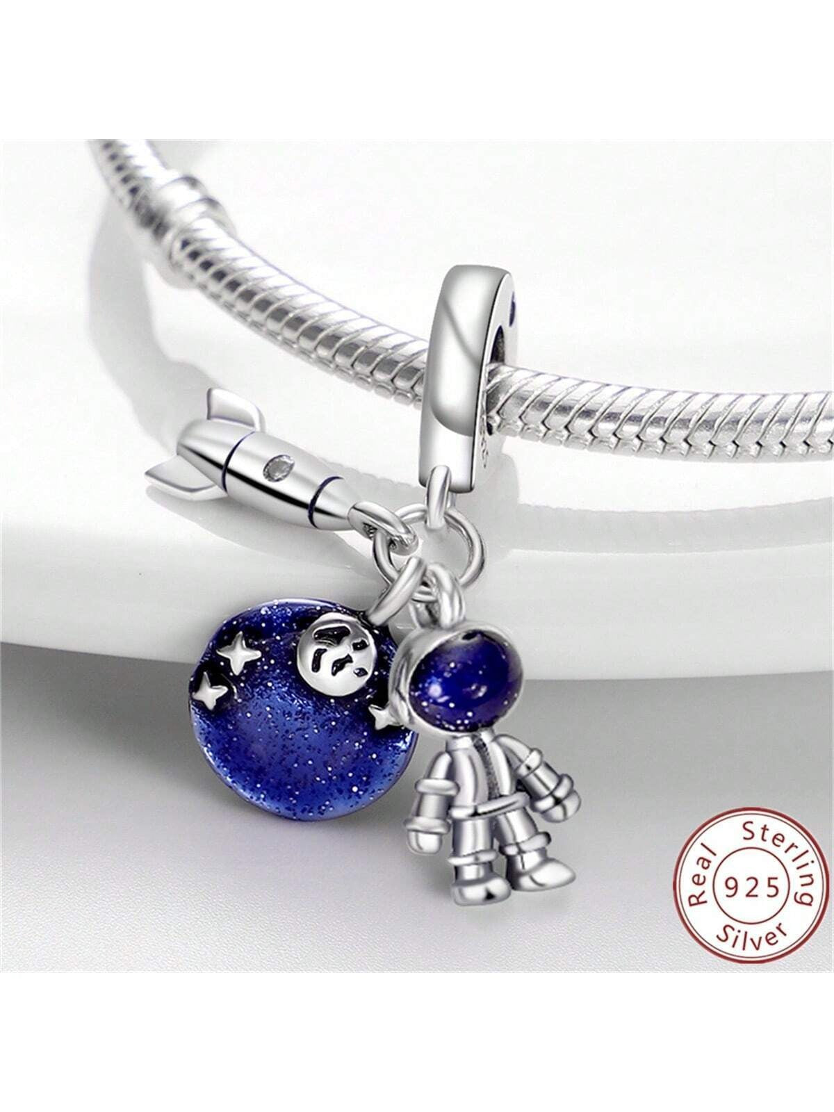 Rocket, Astronaut and Galaxy Blue Space Dangle Charm for Bracelet, S925 Sterling Silver