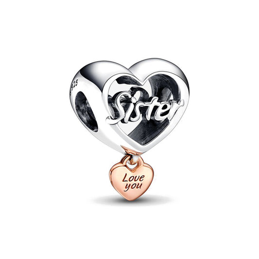 Sister Heart Charm for Bracelet, S925 Sterling Silver