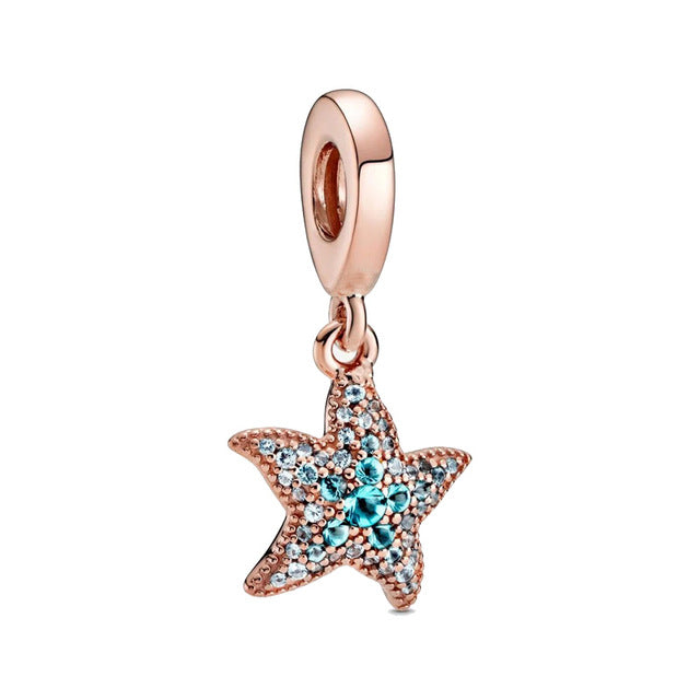 Ocean Sea Life Sparkling Starfish Dangle Charm For Bracelet, S925 Sterling Silver