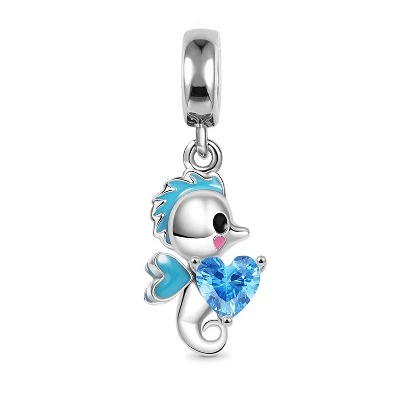 Seahorse with a Heart Charm for Bracelet, S925 Sterling Silver