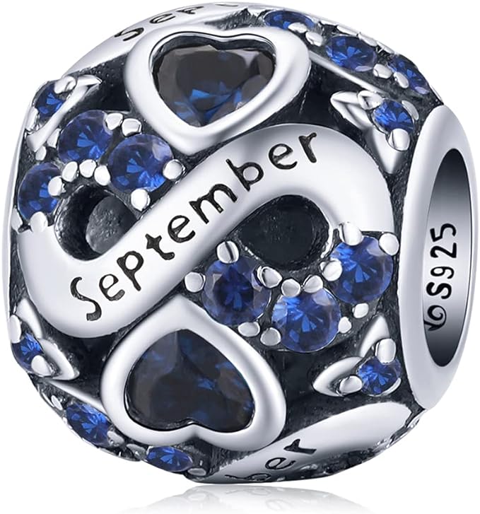 September Birthstone Infinity Birthday Bead Charm for Bracelet, S925 Sterling Silver