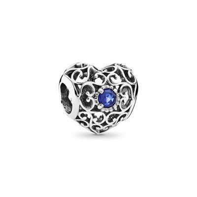 September Silver Heart With Synthetic Sapphire Birthstone Month Charm for Bracelet, S925 Sterling Silver