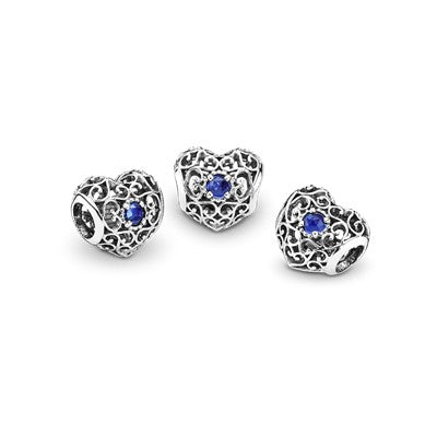 September Silver Heart With Synthetic Sapphire Birthstone Month Charm for Bracelet, S925 Sterling Silver