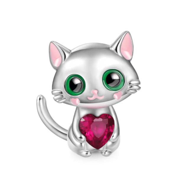 Silver Cat with Heart Charm for Bracelet, S925 Sterling Silver