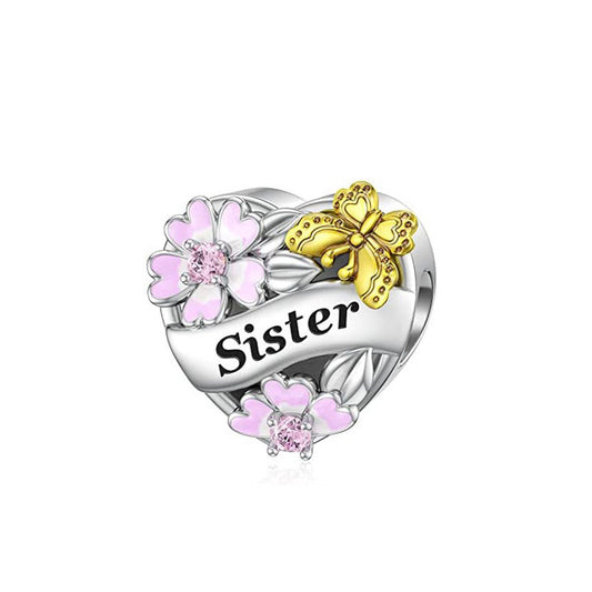 Sister Flower and Butterfly Heart Charm for Bracelet, S925 Sterling Silver