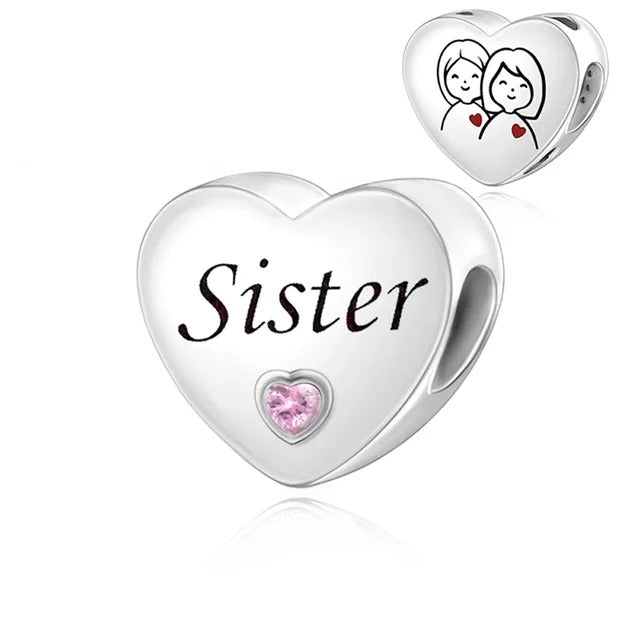 Sister Heart Charm for Bracelet, S925 Sterling Silver