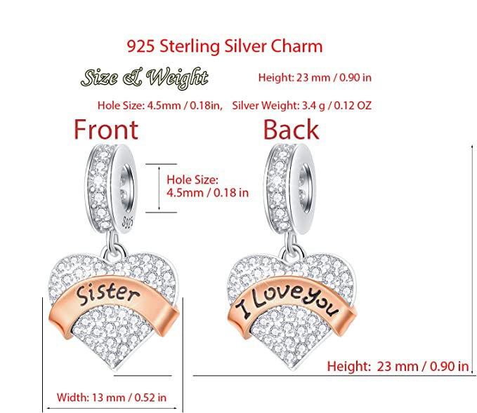 Sister I Love You CZ Pendant Charm for Bracelet, S925 Sterling Silver