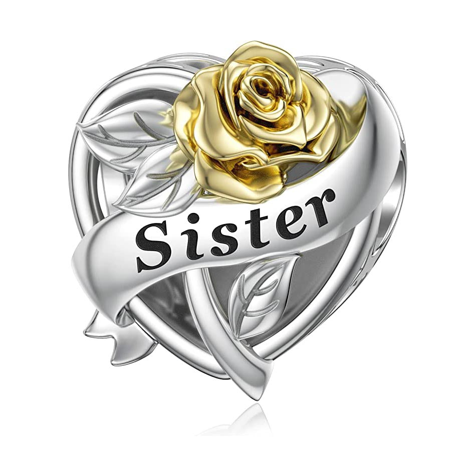 Sister Rose Flower Heart Charm for Bracelet, S925 Sterling Silver