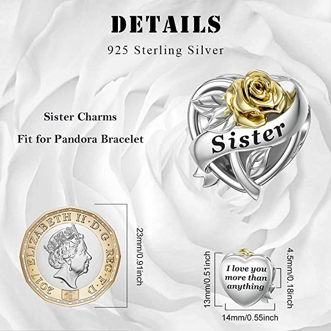 Sister Rose Flower Heart Charm for Bracelet, S925 Sterling Silver