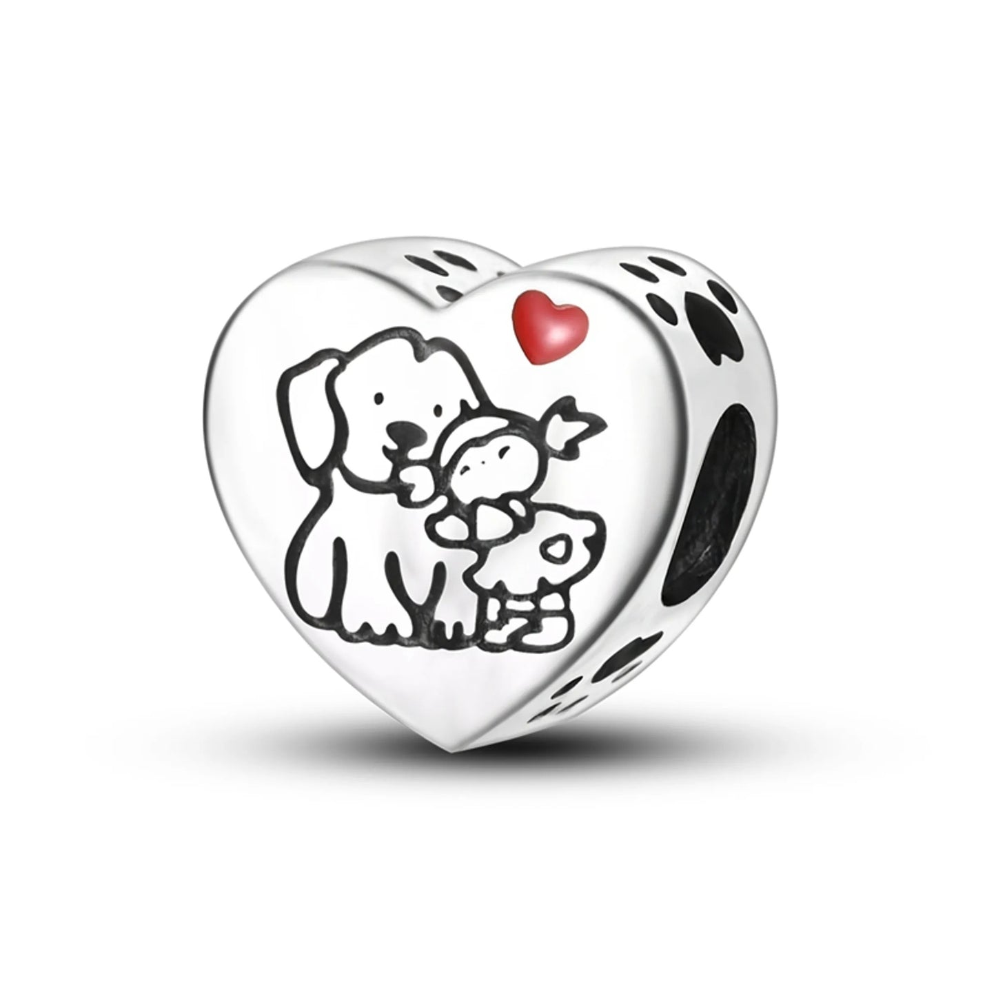 Small Girl Embraces Dog Puppy Pet Heart Charm for Bracelet, S925 Sterling Silver