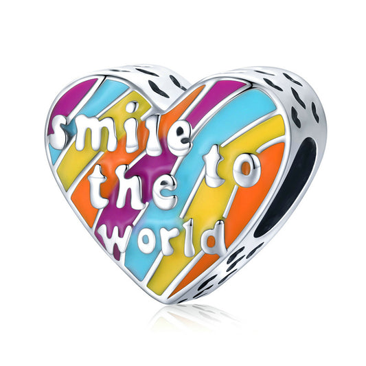 Smile To The World Rainbow Heart Charm for Bracelet, S925 Sterling Silver