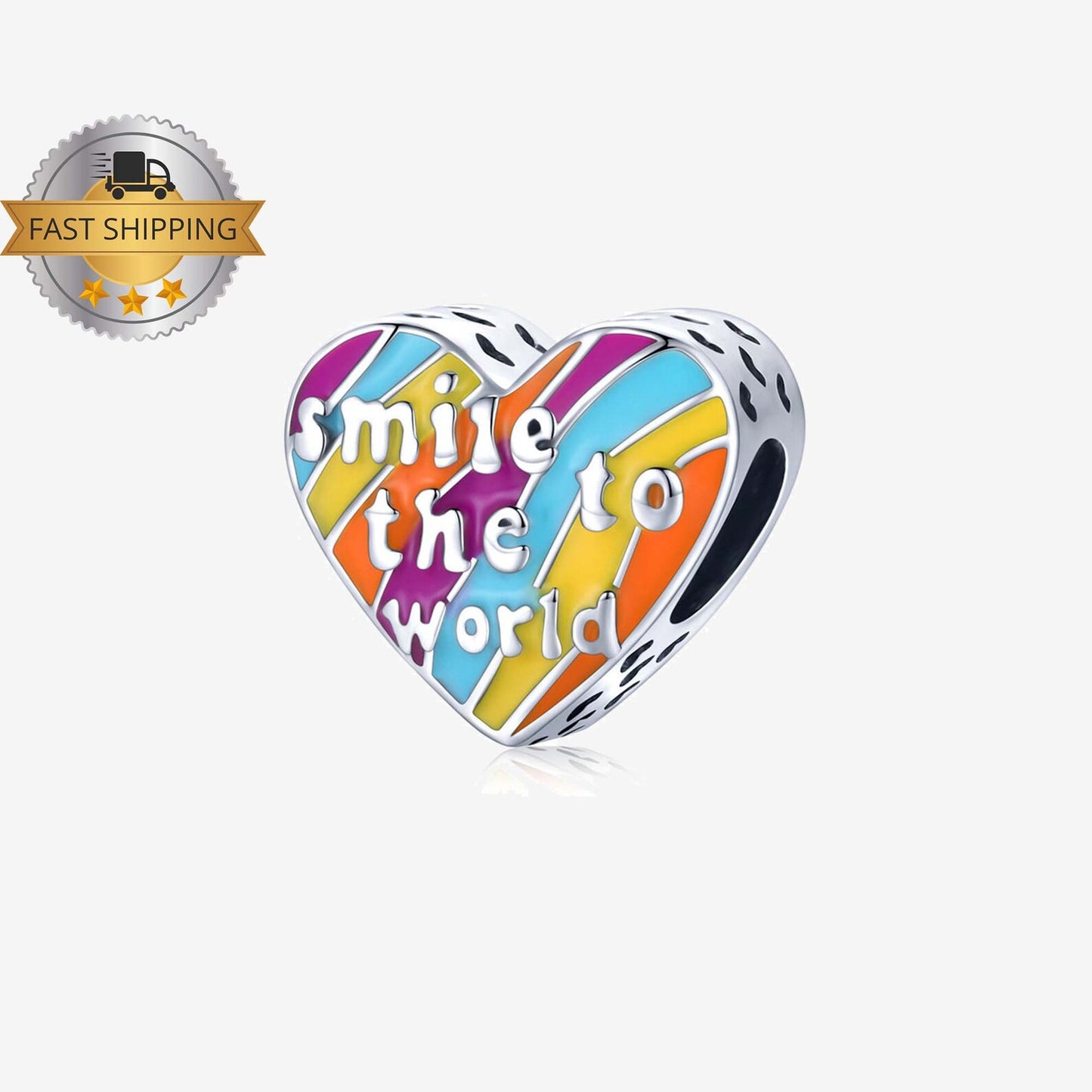 Smile To The World Rainbow Heart Charm for Bracelet, S925 Sterling Silver