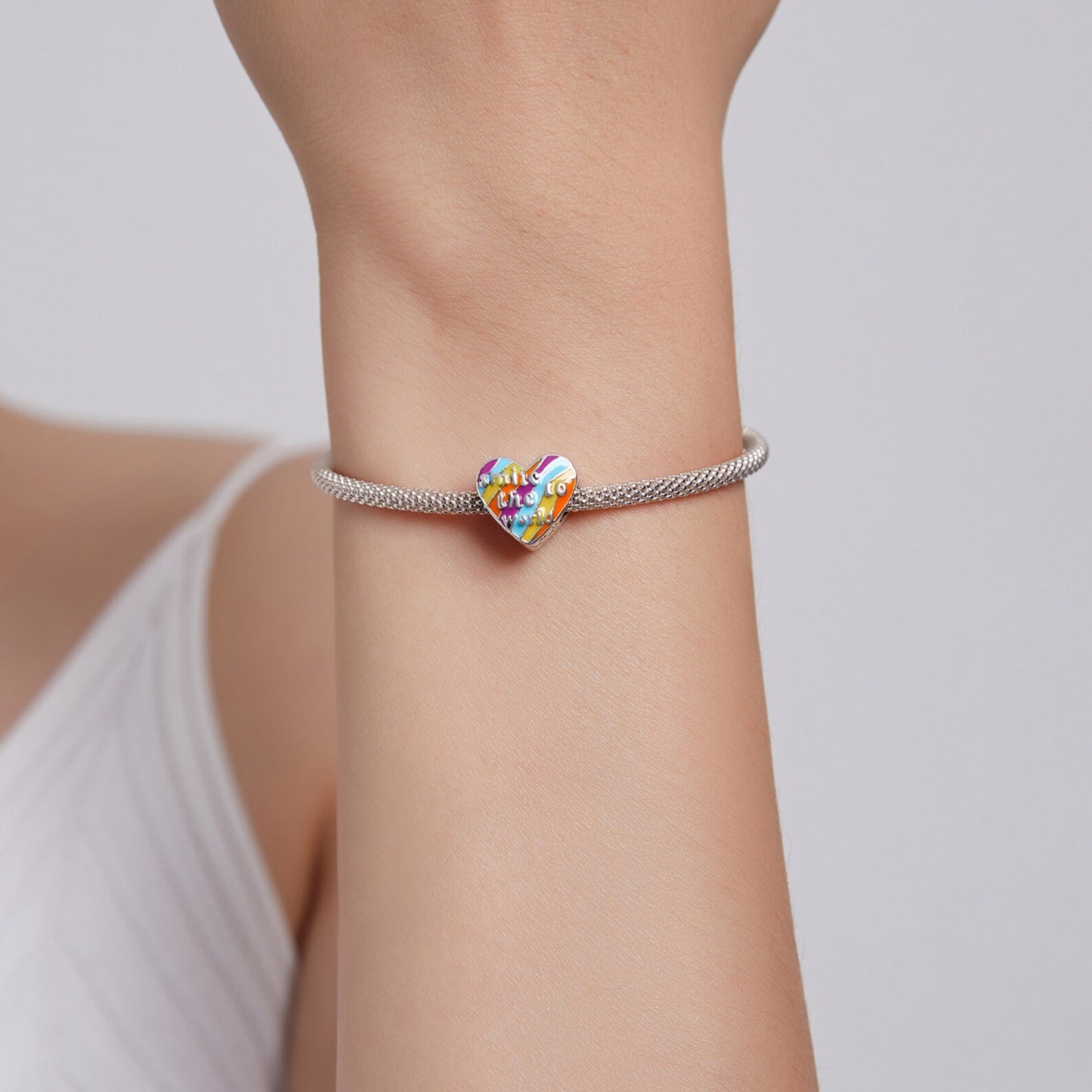 Smile To The World Rainbow Heart Charm for Bracelet, S925 Sterling Silver