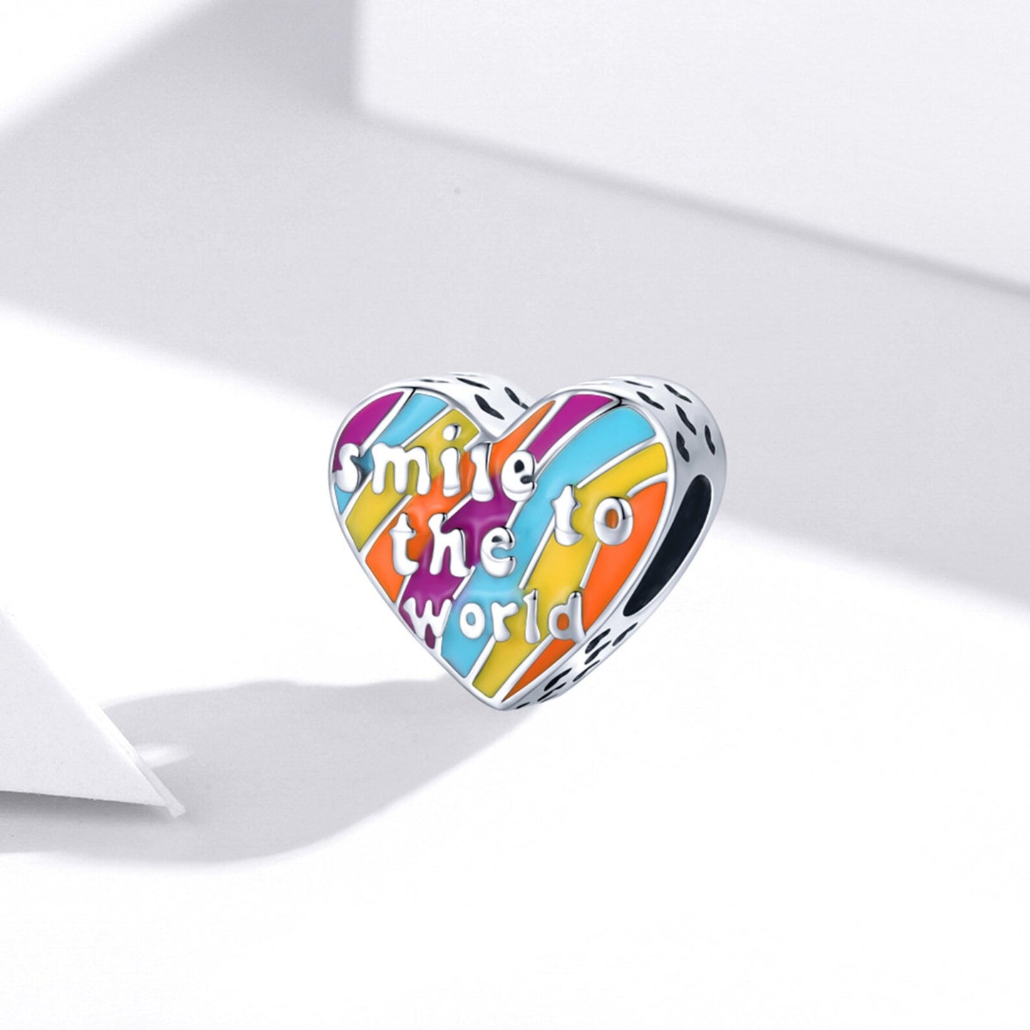 Smile To The World Rainbow Heart Charm for Bracelet, S925 Sterling Silver