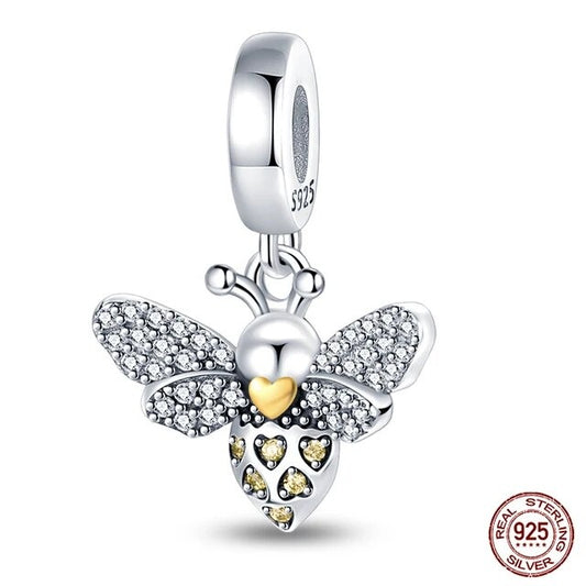 Sparkling Bee Dangle Charm for Bracelet, S925 Sterling Silver